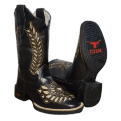 Bota Texana Feminina Preta Bordada Laser Couro Legitimo
