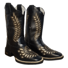 Bota Texana Feminina Preta Bordada Laser Couro Legitimo