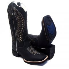 Bota Texana Feminina Preta Louros Dourados Country Texana