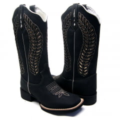 Bota Texana Feminina Preta Louros Dourados Country Texana