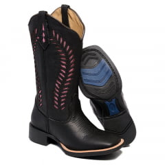 Bota Texana Feminina Preta Samambaia Country Bordada Laser