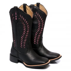 Bota Texana Feminina Preta Samambaia Country Bordada Laser