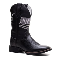 Bota Texana Masculina Preta Couro Legítimo Bico Quadrado Bandeira Americana