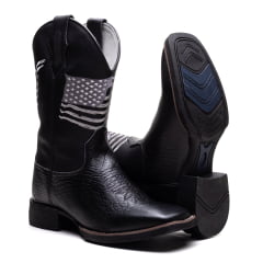Bota Texana Masculina Preta Couro Legítimo Bico Quadrado Bandeira Americana