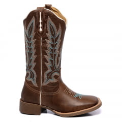 Bota Marrom Texana Country Feminina Bico Quadrado Cano Longo Bordado 