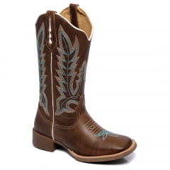 Bota Marrom Texana Country Feminina Bico Quadrado Cano Longo Bordado 