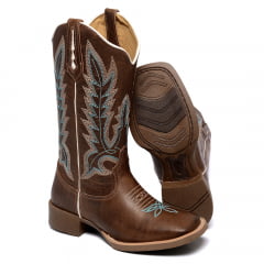 Bota Marrom Texana Country Feminina Bico Quadrado Cano Longo Bordado 