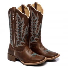 Bota Marrom Texana Country Feminina Bico Quadrado Cano Longo Bordado 