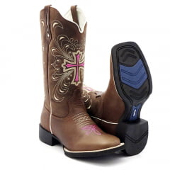 Bota Texana Country Feminina Cano Longo Cruz Rosa