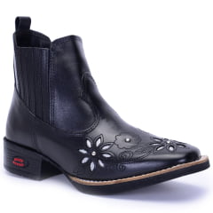 Botina de Couro Preta Feminina com Bordado a Laser e Sola de Borracha Várias Cores