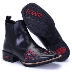 Botina de Couro Preta Feminina com Bordado a Laser e Sola de Borracha Várias Cores