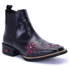 Botina de Couro Preta Feminina com Bordado a Laser e Sola de Borracha Várias Cores