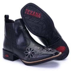 Botina de Couro Preta Feminina com Bordado a Laser e Sola de Borracha Várias Cores