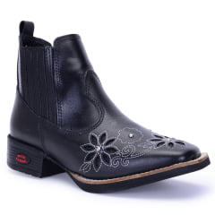 Botina de Couro Preta Feminina com Bordado a Laser e Sola de Borracha Várias Cores