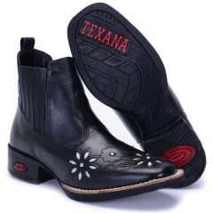 Botina de Couro Preta Feminina com Bordado a Laser e Sola de Borracha Várias Cores