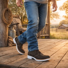 Botina Masculina em Couro Nobuck Café Sola Branca em Borracha