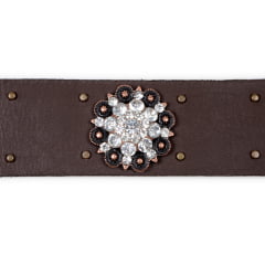 Cinto Feminino Em Couro Nobre Cor Café Metal E Strass Brilhante